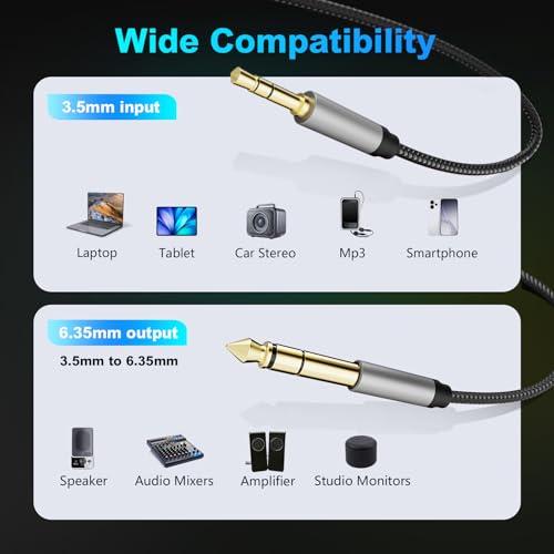 3.5 mm to 6.35 mm Audio Cable 10Ft, Gold-Plated Terminal Silver Color Zinc Alloy Housing 3.5mm 1/8" Male TRS to 6.35mm 1/4" Male TRS Nylon Braided Stereo Audio Cable for CellPhone, Amplifiers(10Ft/3M) - size: 10 ft