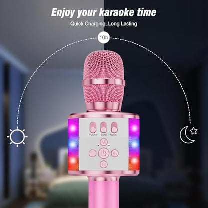 BONAOK Karaoke Microphone for Kids & Adults - Bluetooth Microphones Singing Mic with Disco Lights, Echo Effect, Built-in Speaker Portable Karaoke Player for Party Travel Gifts Q78(Light Pink) - color: Light Pink