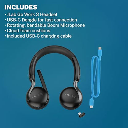 JLab, Go Work Gen 3, Wireless Headset, Boom Microphone, Noise Cancelling Mic, USB-C Dongle, Bluetooth Multipoint, Black | 70+ H, PC Headset or USB C Dongle, Noise Cancelling Microphone, Multipoint, On Ear Wireless Office Computer