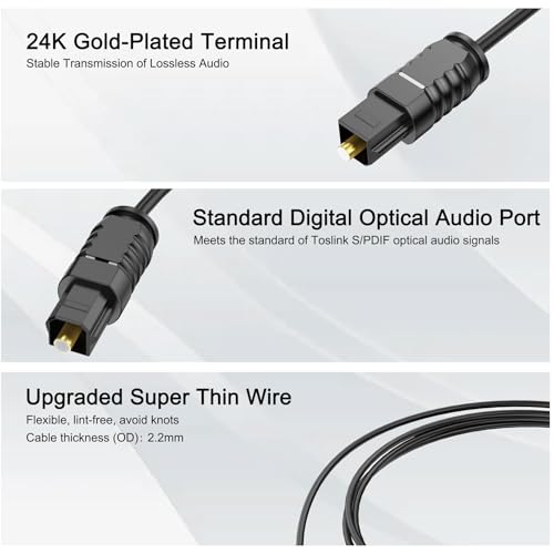 Digital Optical Audio Cable 3 feet, Fiber Optic Cable Ultra-Thin Cord, SPDIF Toslink Optical Cable Compatible with PS4 Xbox TV to Sound Bar Home Theater - size: 3ft