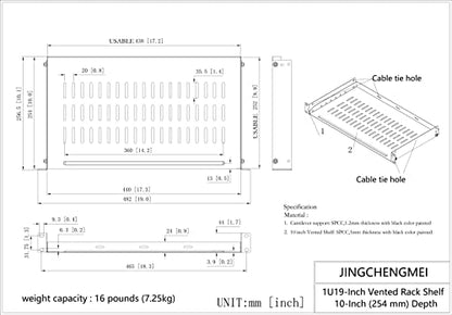 1U Vented Server Rack Shelf Disassembled 10 inches Deep No Lip | Universal Rack Tray for 19 Inches Network Cabinet or Server Rack - size: 10 Inches Deep