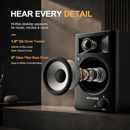 Nylavee Desktop Speakers, Hi-Res Computer Speakers for Desktop PC with LDAC | Bluetooth 6.0/USB/AUX/RCA, Bookshelf PC Speakers with Bass & Treble Control, Headphone Jack