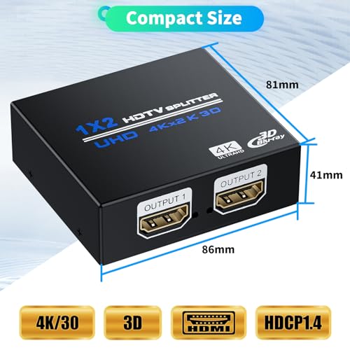 HDMI Splitter 1 in 2 Out 4K, 1x2 Powered HDMI Multi-Port Adapter for Dual Monitor, Support 4K UltraHD 3D HDR, Duplicate/Mirror Screens, Ideal for Xbox Ps5 Ps4 Ps3 Fire Stick Blu-Ray Player HDTV - size: 4K@30 1x2