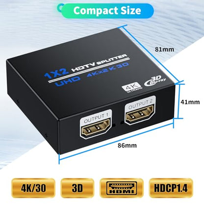 HDMI Splitter 1 in 2 Out 4K, 1x2 Powered HDMI Multi-Port Adapter for Dual Monitor, Support 4K UltraHD 3D HDR, Duplicate/Mirror Screens, Ideal for Xbox Ps5 Ps4 Ps3 Fire Stick Blu-Ray Player HDTV - size: 4K@30 1x2
