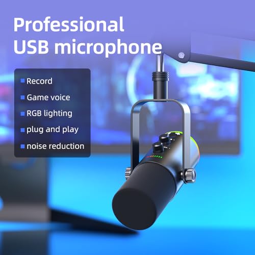 USB/XLR Desktop Dynamic Microphone with RGB Lighting, Noise Reduction, Mute Button & Headphone Jack - Podcast, Gaming, Streaming Mic for PC & Computer (Black) - color: Black
