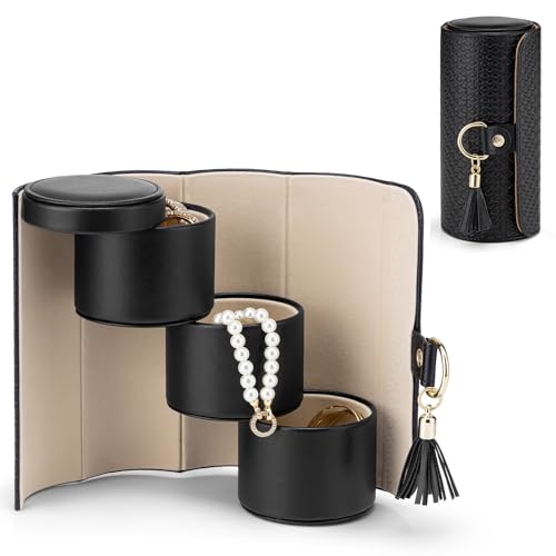 VLANDO Travel Jewelry Organizer, 3 Tier Roll Up Design, Hard Shell Storage | Stepped Sections Compartments Keep Jewelry Visible, Soft Lining Protect Pieces, Snap Closure, Travel Gift for Women Girl - color: A.Black