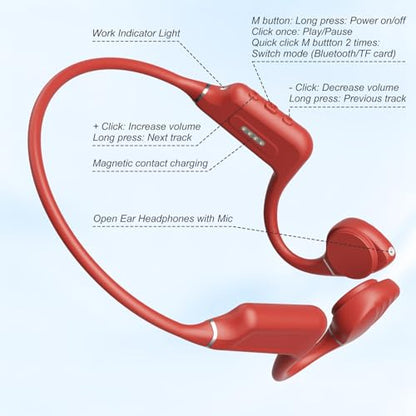 Bone Conduction Headphones - Bluetooth 5.4 & 32GB Memory MP3 Player IP68 Waterproof Headphones for Swimming, Bone Conduction with Mic Open Ear Running Headphone for Swimming, Running, Cycling (Red) - color: Red