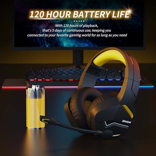BINNUNE 2.4GHz Wireless Gaming Headset, Bluetooth 5.3 Gaming Headphones with Noise Canceling Mic, 120H Ultra-Long Battery, 50mm Drivers, Multi-Platform for PC / PS5 /PS4/ Switch/Mobile, Yellow - color: Yellow