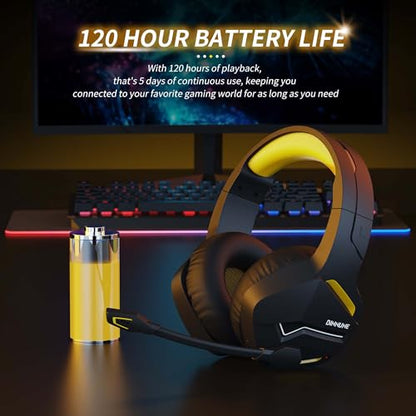 BINNUNE 2.4GHz Wireless Gaming Headset, Bluetooth 5.3 Gaming Headphones with Noise Canceling Mic, 120H Ultra-Long Battery, 50mm Drivers, Multi-Platform for PC / PS5 /PS4/ Switch/Mobile, Yellow - color: Yellow