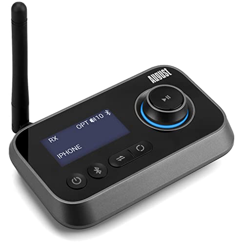 August MR280 Bluetooth 5.0 Audio Transmitter Receiver | Dual Connection for TV Headphones and Hifi Speakers, Multipoint, Low Latency, Stereo, Volume Control, Optical RCA Jack 3.5mm