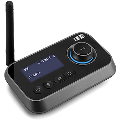August MR280 Bluetooth 5.0 Audio Transmitter Receiver | Dual Connection for TV Headphones and Hifi Speakers, Multipoint, Low Latency, Stereo, Volume Control, Optical RCA Jack 3.5mm