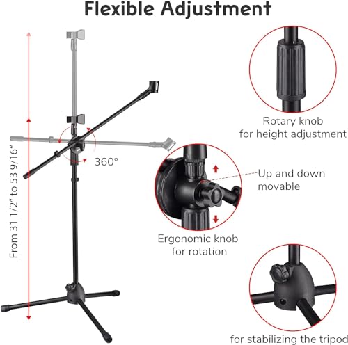 Adjustable Microphone Tripod Stand 31" To 53", 360-Degree Rotatable Boom Arm 2 Microphone Clips Foldable & Stable Design Boom Mic for Band Practice, Music, Speeches, Stage, Live Stream (1)