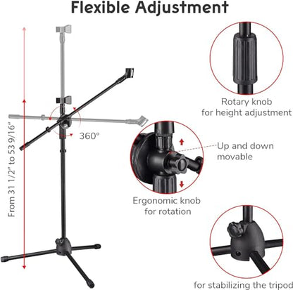 Adjustable Microphone Tripod Stand 31" To 53", 360-Degree Rotatable Boom Arm 2 Microphone Clips Foldable & Stable Design Boom Mic for Band Practice, Music, Speeches, Stage, Live Stream (1)
