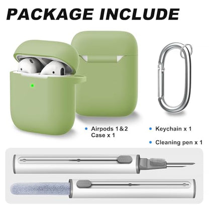 for AirPods Case Cover, Come with Cleaner Kit, Soft Silicone Protective Cover with Buckle, Compatible with Apple AirPods 2nd 1st Generation Charging Case, Front LED Visible, Matcha Green - color: B4-Matcha Green