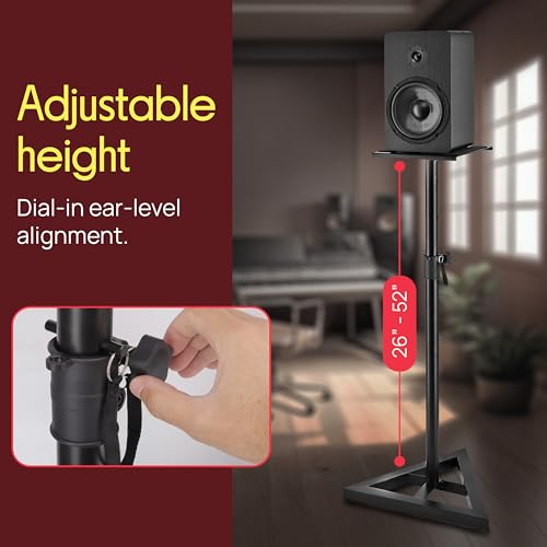 Pyle Speaker Stand Pair of Sound Play 1 and 3 Holder - Telescoping Height Adjustable from 26” - 52” Inch High Heavy Duty Three-point Triangle Base w/ Floor Spikes and 9” Square Platform, Black