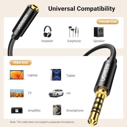 UGREEN Headphone Extension Cable 3.5mm Aux 4 Pole TRRS Stereo Cord 16FT | Male to Female, Mic and Audio Signal, Braided, Gold Plated, Compatible with iPhone iPad Phone, Headset, Gaming Console - size: 16FT