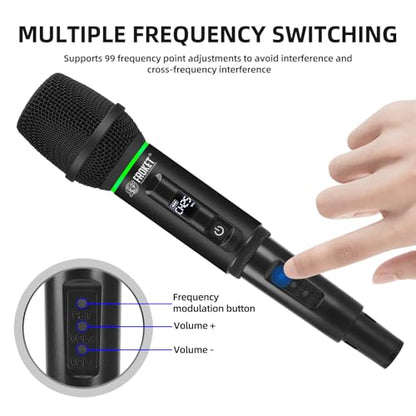 UHF Wireless Microphone System, 99-Ch Dual Handheld Mics RGB | UHF Wireless Mic System, Dual Handheld, 99 Ch, Cardioid, RGB, Plug&Play, 50m Range, Rechargeable