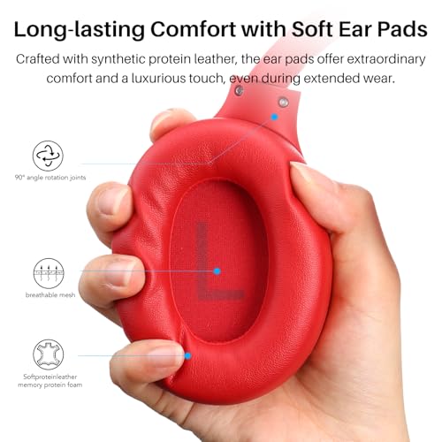 TOZO Hybrid Active Noise Cancelling Headphones, Hi Res Audio | Wireless Over Ear Bluetooth Headset, 60H Playtime, Custom EQ via App Deep Bass Comfort Fit Ear Cups, for Home Office Travel - color: Red