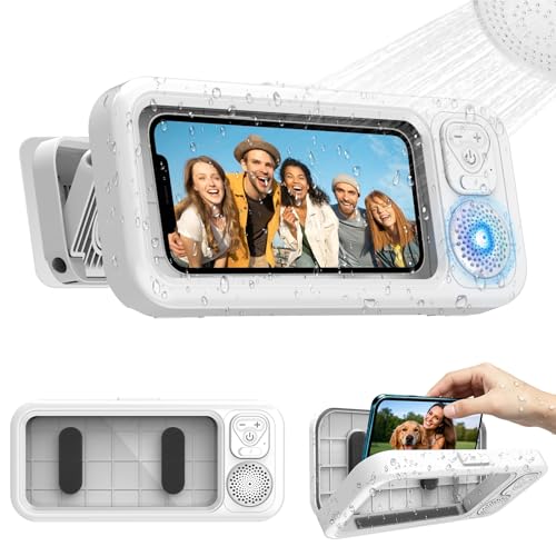 Shower Phone Holder Waterproof with Wireless Bluetooth Speaker | 360° Rotation Wall Mount Phone Holder for Shower, Anti-Fog High Sensitivity Shower Phone Case for Bathroom Bathtub Kitchen