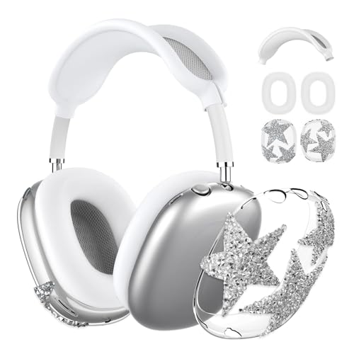 3-in-1 Case Cover for AirPods Max 2/AirPods Max Headphones, Apple AirPod Max Accessory Protective Cover, Headband/Silicone Ear Pad/Clear TPU Shiny Rhinestone Star Ear Cups Covers - color: Clear white(Star)