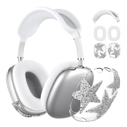 3-in-1 Case Cover for AirPods Max 2/AirPods Max Headphones, Apple AirPod Max Accessory Protective Cover, Headband/Silicone Ear Pad/Clear TPU Shiny Rhinestone Star Ear Cups Covers - color: Clear white(Star)