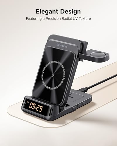 SwanScout 708S 3-in-1 Foldable Wireless Charger for Samsung Devices | Wireless Charging Station with Clock, for S26/S25/S24/S23/Z Flip 8, for Galaxy Watch 8/7/FE/6/5/4, No Adapter - color: Black