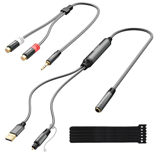 Unidirectional Optical Male to 3.5mm AUX Female Audio Converter Cable 1.5 Ft, 192kHz DAC SPDIF/Toslink Digital to Analog Adapter for TV/PS4/DVD to Sound Bar Headphone+Ties &AUX to 2 RCA Adapter - size: 1.5FT