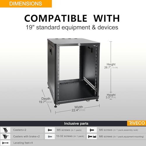 RIVECO 15U Network & Audio Rack with Feet & Wheels, Obtuse Angel Server Rack Cabinet, Rolling Studio Rack Case with Adjustable Depth Rails for 19" Stereo Recording & IT Equipment Mounting 1PCS - size: 15U
