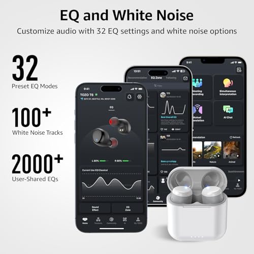 TOZO T6 Wireless Earbuds Bluetooth 5.3 Stereo Sound in Ear Headphones | 50H Long Playtime Ear buds with Charging Case, App Customizable EQs, IPX8 Waterproof Earphones, AI Calls, Deep Bass - color: White