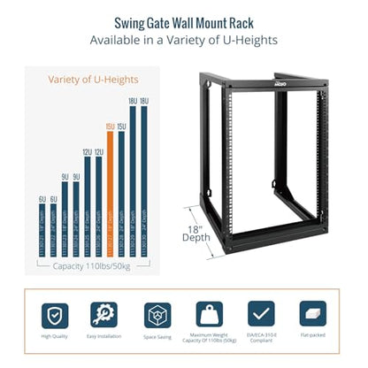 Tecmojo 15U Server Rack with Swing Gate, 15U Rack for 19inch Computer/AV/Data/IT/Media Equipment, Wall Mount Server Rack with 18inch Depth, Square&Tapped Holes - size: 15U/18" Depth (New)