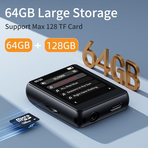 64GB MP3 Player with Bluetooth, Full Touch Screen Portable Music MP3 Player Built-in HD Speaker, FM Radio, Voice Recorder, Mini Design Sports Music Player Support Expansion (128GB)