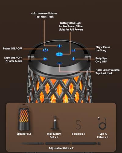 Outdoor Speakers Bluetooth 5.3 with Flame Light,Up to 100-speaker Sync,IPX6 | Waterproof, Wireless Auto-Pairing, HD Stereo Sound Atmosphere Lantern for Party Patio Porch Pool Camp Backyard, Gift for Men