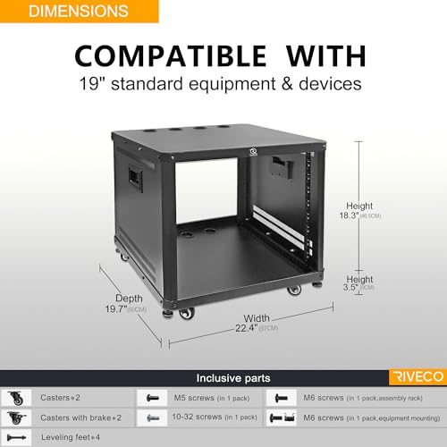 RIVECO 9U Network & Audio Rack with Feet & Wheels, Obtuse Angel Server Rack Cabinet, Rolling Studio Rack Case with Adjustable Depth Rails for 19" Stereo Recording & IT Equipment Mounting 1PCS - size: 9U