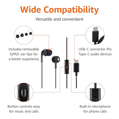 Amazon Basics Wired Earbuds with Microphone, in-Ear Headphones, USB-C, 4.2 ft Cable, S/M/L Ear Tips, Black - style: USB-C