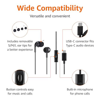 Amazon Basics Wired Earbuds with Microphone, in-Ear Headphones, USB-C, 4.2 ft Cable, S/M/L Ear Tips, Black - style: USB-C