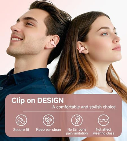 King Lucky i21 Open Ear Clip On Earbuds Wireless Bluetooth Ear Clip Headphones with Mic,Noise Cancelling, Waterproof IPX4,for Small Ears,Perfect for Running,Sports,Glasses Wearers (Pink) - color: Pink