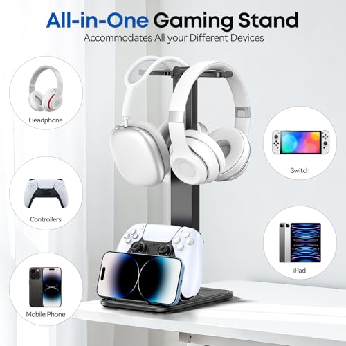 Height Adjustable Dual Headphone Stand, 360° Rotatable Gaming Headset Holder with Controller & Phone Stand, All-in-One Desk Organizer for PS5/Xbox/Switch Controllers/iPad, Desktop Game Accessories