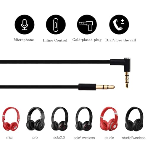 Replacement Audio Cable Cord Wire with in-line Microphone and Control Compatible with Beats Headphones Solo, Studio, Pro, Detox, Wireless, Mixr, Executive Headphones (Black) - color: Black