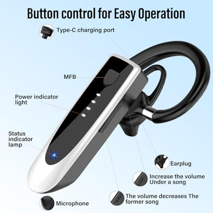 Atheewon Bluetooth Earpiece, Wireless Handsfree with Noise Cancelling Mic, 20Hrs Call Time Bluetooth 5.4 Headset, 180 Hrs Standby Time Headset for Business/Trucker/Driver, Bright Silver - color: Bright Silver