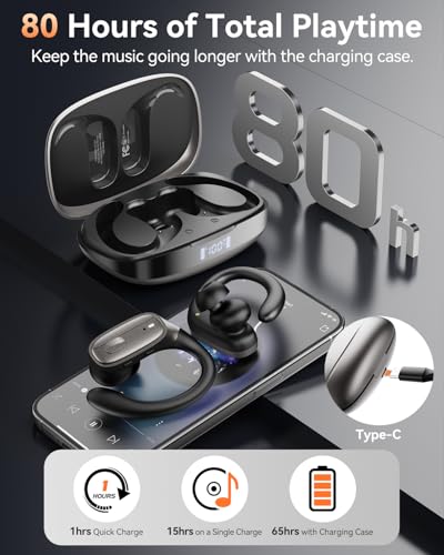 LEEMC Wireless Earbuds, Bluetooth Headphones 5.4, Ear Buds with Hooks for Sports, 80Hr Playtime Earphones, LED Display, IPX7 Waterproof Headset for Workout Running, Taupe