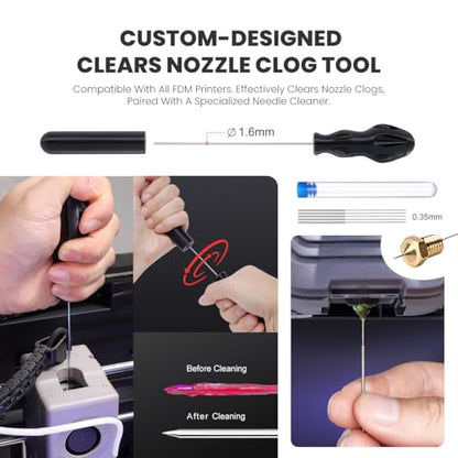 3D Printer Tool Kit with Nozzle Cleaner, PTFE Tube & Deburring Tools | Complete FDM printer maintenance kit with precision tools to clean nozzles, remove supports and improve print quality.