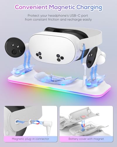 18W VR Charging Dock for Meta Quest 3S/Quest 3 Headset & Controller | Fast Magnetic VR Charging Station Stand for Oculus 3S/3 Accessories, RGB Light, 2 Rechargeable Batteries & Controller Covers - color: White