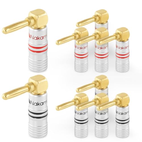 Nakamichi GrubLock 24k Gold Plated Right Angle Banana Plugs, 10-18 AWG - size: 10 Pcs (5-Pairs)