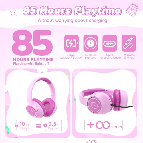 Kids Bluetooth Headphones, 85H Playtime for Toddler, Fuscia Pink with LED - color: Fuscia Pink