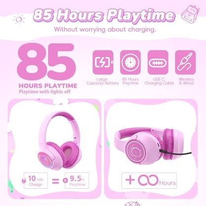 Kids Bluetooth Headphones, 85H Playtime for Toddler, Fuscia Pink with LED - color: Fuscia Pink
