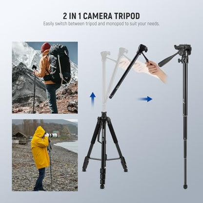 NEEWER Basics TP05 74" Video Tripod Monopod, 3 Way Pan Tilt Head Phone Holder Compatible with iPhone DSLR, Travel Recording Stand, Overhead Camera Mount, Crossbar, 17.6lb Load - style: TP05 w/Phone Holder