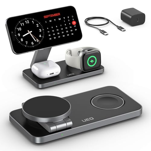 UEQ Foldable 3 in 1 Wireless Charging Station for Apple Magsafe Charger Stand,Fast Magnetic Wireless Charger Station for iPhone 17 Air 16 15 14 13 12 Series,Airpods Pro,Apple Watch Ultra (Pure Black) - color: Carbon Black
