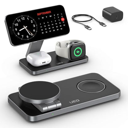 UEQ Foldable 3 in 1 Wireless Charging Station for Apple Magsafe Charger Stand,Fast Magnetic Wireless Charger Station for iPhone 17 Air 16 15 14 13 12 Series,Airpods Pro,Apple Watch Ultra (Pure Black) - color: Carbon Black