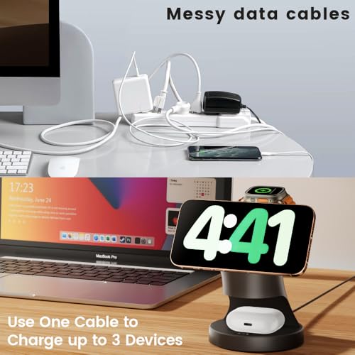 3 in 1 Wireless Charging Station for Apple Devices,Magsafe Charger for IPhone17 16 15 14 13 12 Pro/Max/Plus/Mini Wireless Charger Station for AirPods 2/3/4/Pro iWatch Ultra11/10/9/8/7/SE/6/5/4/3/2 - color: Black