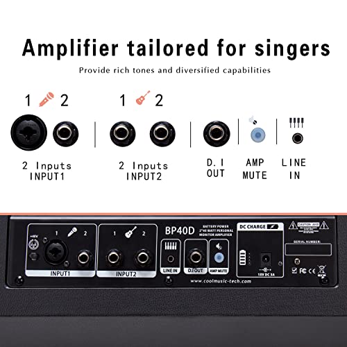 Coolmusic BP40D Powered Acoustic Guitar Amplifier- Portable Bluetooth Speaker 80W W/Battery with Reverb Chorus Delay Effect, 6 Inputs,3 Band EQ, Black - color: Black
